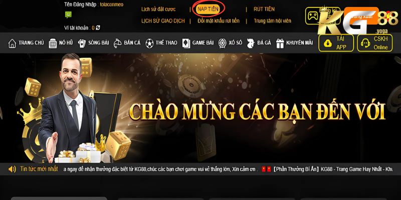 Mục “Nạp tiền” trên thanh công cụ của KG88