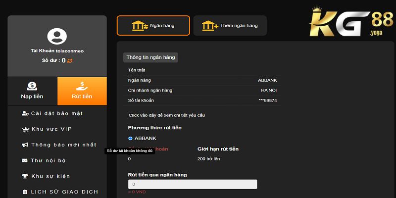Thực hiện rút tiền từ KG88 về tài khoản ngân hàng cực dễ